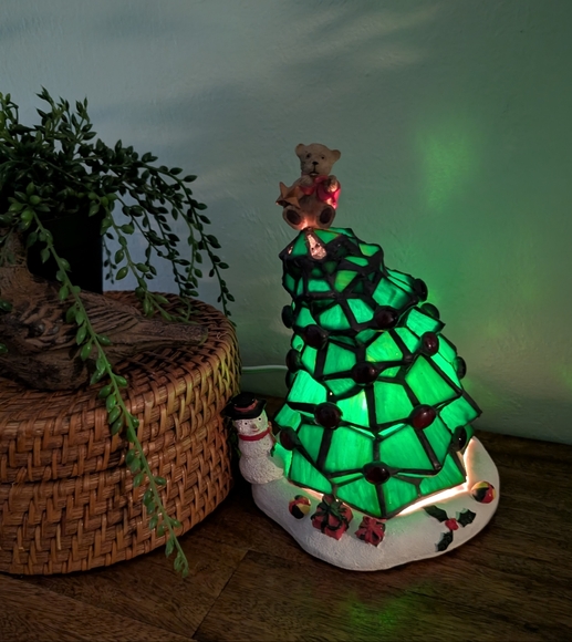 Catalina Lighting Tiffany Style Leaded Glass Christmas Tree Holiday Lamp 8.5” - Picture 2 of 7